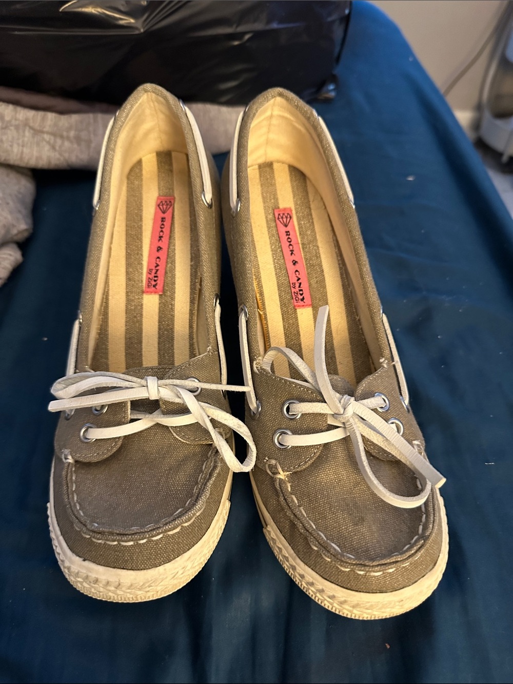 Rock & Candy Khaki Canvas Moccasins with White Laces